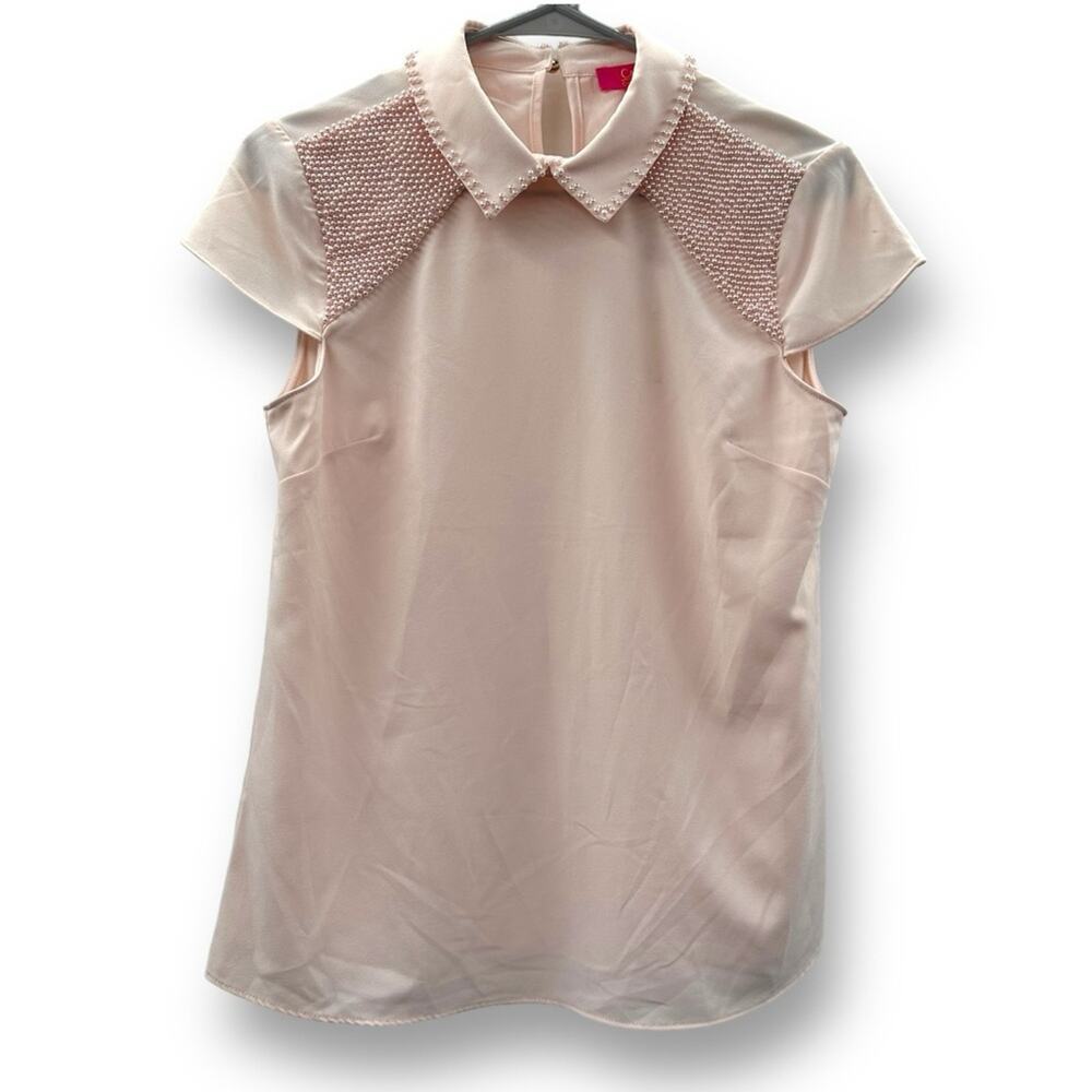 Catherine Malandrino Light Pink Collared Bead Embellishment Short Sleeve Top XS